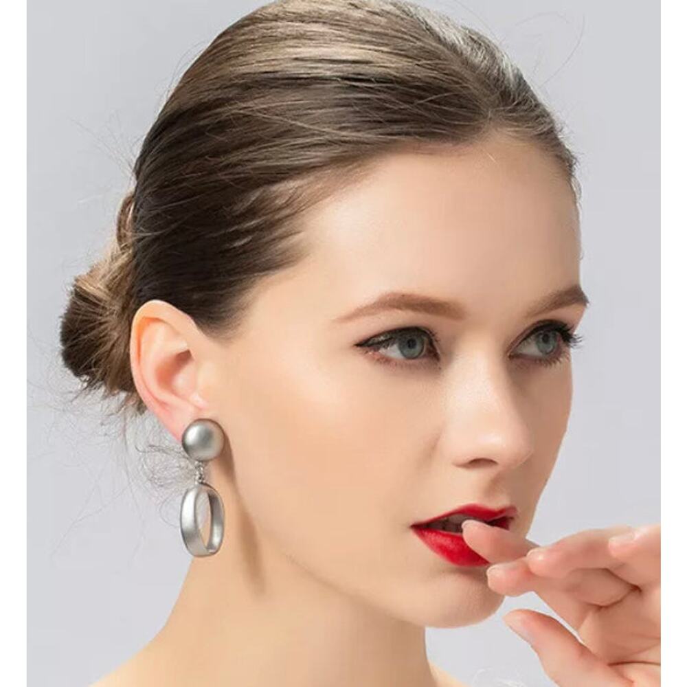 Clip on 2 1/4" matte silver or gray twisted dangle hoop earrings